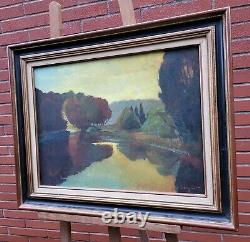 Tableau ancien signé L'Etang Couché de Soleil Peinture huile sur panneau