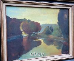 Tableau ancien signé L'Etang Couché de Soleil Peinture huile sur panneau