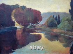 Tableau ancien signé L'Etang Couché de Soleil Peinture huile sur panneau