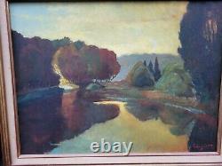 Tableau ancien signé L'Etang Couché de Soleil Peinture huile sur panneau