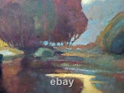 Tableau ancien signé L'Etang Couché de Soleil Peinture huile sur panneau