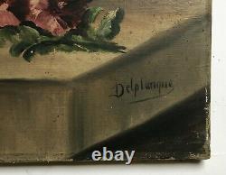 Tableau ancien signé, Nature morte, Corbeille fleurie, Huile sur toile, Déb. XXe