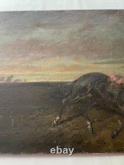 Tableau ancien signé Olivier Pichat, Black Bess, Cheval, Peinture grand format