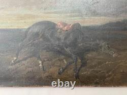 Tableau ancien signé Olivier Pichat, Black Bess, Cheval, Peinture grand format