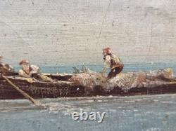 Tableau ancien signé. Paysage Marin Animé Voiliers. Peinture huile sur toile