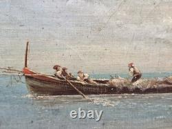 Tableau ancien signé. Paysage Marin Animé Voiliers. Peinture huile sur toile