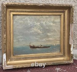 Tableau ancien signé. Paysage Marin Animé Voiliers. Peinture huile sur toile