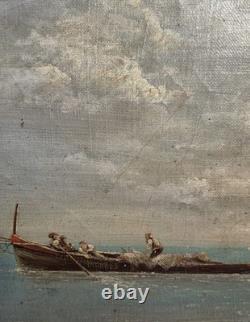 Tableau ancien signé. Paysage Marin Animé Voiliers. Peinture huile sur toile