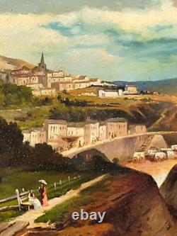 Tableau ancien signé Paysage Méditerranéen Animé. Peinture huile sur toile