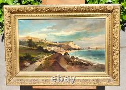 Tableau ancien signé Paysage Méditerranéen Animé. Peinture huile sur toile
