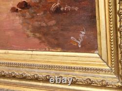 Tableau ancien signé. Paysage Méditerranéen Animé. Peinture huile sur toile