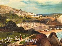 Tableau ancien signé Paysage Méditerranéen Animé. Peinture huile sur toile
