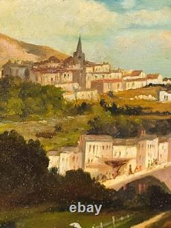 Tableau ancien signé Paysage Méditerranéen Animé. Peinture huile sur toile