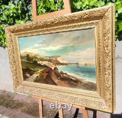 Tableau ancien signé Paysage Méditerranéen Animé. Peinture huile sur toile