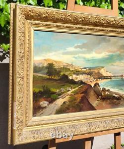 Tableau ancien signé Paysage Méditerranéen Animé. Peinture huile sur toile