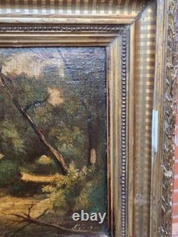Tableau ancien signé. Paysage Sous Bois. Peinture huile sur panneau de bois