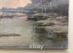 Tableau ancien signé, Paysage lacustre enneigé, Huile sur toile, Peinture, XIXe