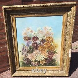 Tableau ancien signé Peinture huile sur toile 1896 Bouquet de chrysanthèmes