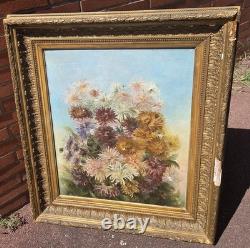 Tableau ancien signé Peinture huile sur toile 1896 Bouquet de chrysanthèmes