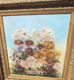 Tableau ancien signé Peinture huile sur toile 1896 Bouquet de chrysanthèmes