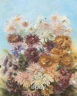 Tableau ancien signé Peinture huile sur toile 1896 Bouquet de chrysanthèmes