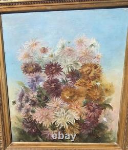 Tableau ancien signé Peinture huile sur toile 1896 Bouquet de chrysanthèmes