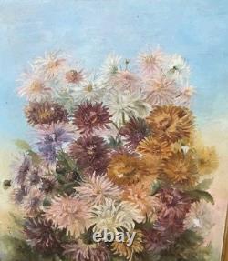 Tableau ancien signé Peinture huile sur toile 1896 Bouquet de chrysanthèmes Tableau ancien signé Peinture huile sur toile 1896 Bouquet de chrysanthèmes