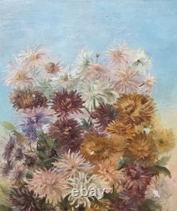 Tableau ancien signé Peinture huile sur toile 1896 Bouquet de chrysanthèmes
