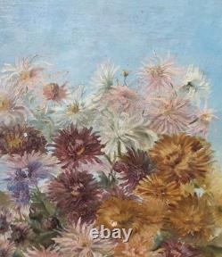 Tableau ancien signé Peinture huile sur toile 1896 Bouquet de chrysanthèmes