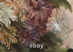 Tableau ancien signé Peinture huile sur toile 1896 Bouquet de chrysanthèmes