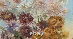Tableau ancien signé Peinture huile sur toile 1896 Bouquet de chrysanthèmes