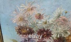 Tableau ancien signé Peinture huile sur toile 1896 Bouquet de chrysanthèmes