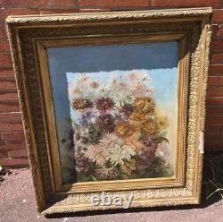 Tableau ancien signé Peinture huile sur toile 1896 Bouquet de chrysanthèmes
