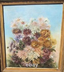 Tableau ancien signé Peinture huile sur toile 1896 Bouquet de chrysanthèmes