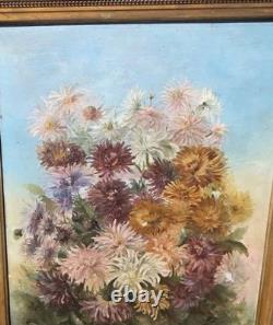 Tableau ancien signé Peinture huile sur toile 1896 Bouquet de chrysanthèmes
