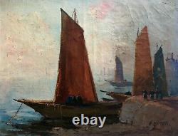 Tableau ancien signé, Port breton animé, Huile sur toile, Peinture, Début XXe