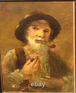 Tableau ancien signé Portrait Homme Peinture huile sur panneau de bois