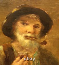 Tableau ancien signé Portrait Homme Peinture huile sur panneau de bois