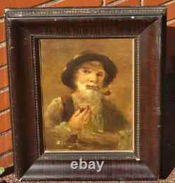 Tableau ancien signé Portrait Homme Peinture huile sur panneau de bois