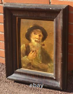Tableau ancien signé Portrait Homme Peinture huile sur panneau de bois