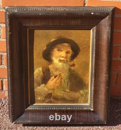 Tableau ancien signé Portrait Homme Peinture huile sur panneau de bois