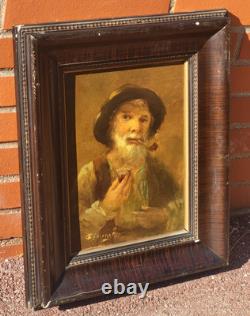 Tableau ancien signé Portrait Homme Peinture huile sur panneau de bois