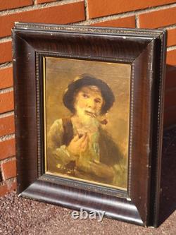 Tableau ancien signé Portrait Homme Peinture huile sur panneau de bois