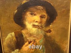 Tableau ancien signé Portrait Homme Peinture huile sur panneau de bois