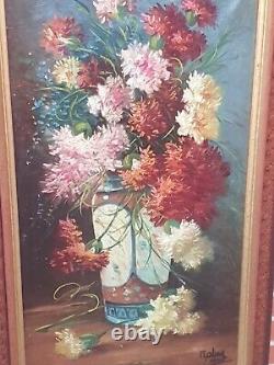Tableau ancien signé R Alary. Bouquet de Tokyos. Peinture huile sur toile