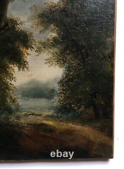 Tableau ancien signé R. Westall, Huile sur toile, Paysage, Chemin boisé, XIXe