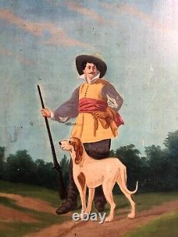 Tableau ancien signé Rossi 1897, Chasseur et son chien, Huile sur panneau, XIXe