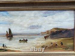 Tableau ancien signé. Scène Bord De Mer. Peinture huile sur panneau de bois