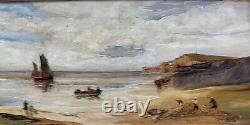 Tableau ancien signé. Scène Bord De Mer. Peinture huile sur panneau de bois