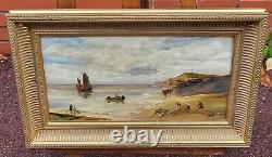 Tableau ancien signé. Scène Bord De Mer. Peinture huile sur panneau de bois
